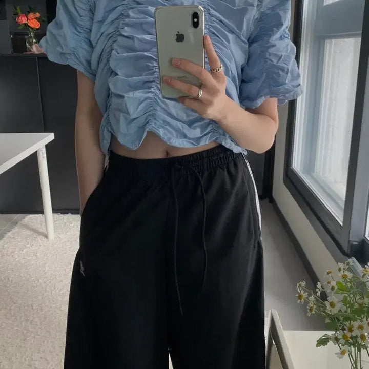 [BUNJANG] Blue Shirred Short Sleeve Blouse / 블루 셔링 반팔 블라우스