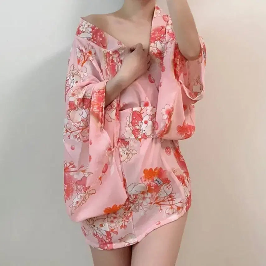 [BUNJANG] Pink Sakura Sexy Yukata Kimono Costume Set / 코스프레 코스튬 핑크 사쿠라 섹시 유카타 기모노 세트