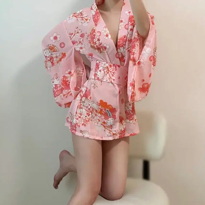 [BUNJANG] Pink Sakura Sexy Yukata Kimono Costume Set / 코스프레 코스튬 핑크 사쿠라 섹시 유카타 기모노 세트