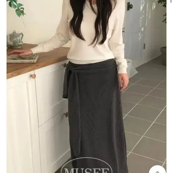 [BUNJANG] Ribbed Shirring Wrap Long Skirt / 골지 셔링 랩 롱 스커트