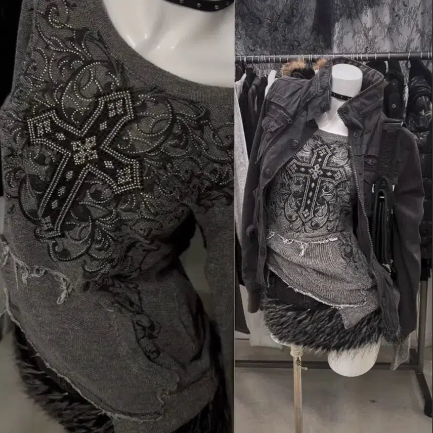 [BUNJANG] Layer Room Vintage Hotfix Cubic Damage Long Sleeve Top / 레이어룸 데스라이즈 빈티지 핫픽스 큐빅 데미지 긴팔 탑