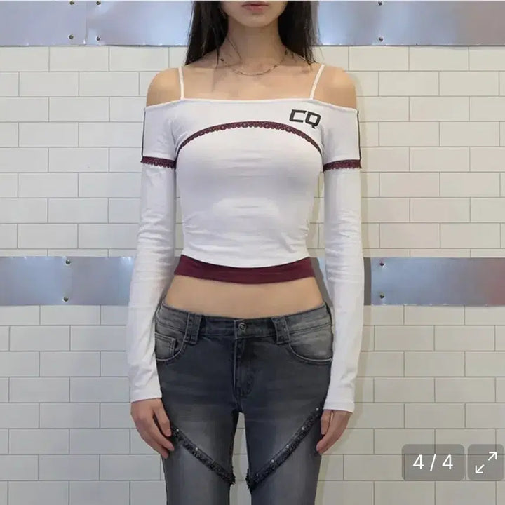 [BUNJANG] Cherry Quarry Lace Off-Shoulder Long-Sleeve T-Shirt / 체리퀴리 레이스 오프숄더 긴팔 티셔츠