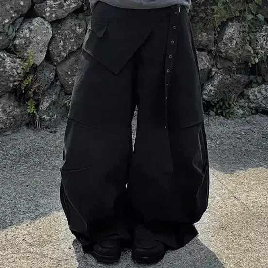 [BUNJANG] LOFLOW Wrap Belt Wide Pants - Black / LOFLOW 랩 벨트 와이드 팬츠 블랙
