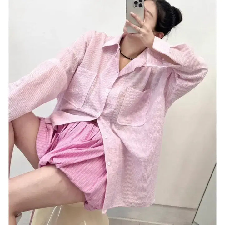 [SOLD OUT] 여름 시어서커 지지미 스트라이프 박시 셔츠 핑크, 소라