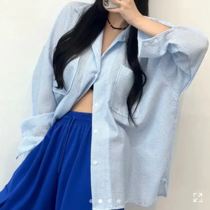 [SOLD OUT] 여름 시어서커 지지미 스트라이프 박시 셔츠 핑크, 소라