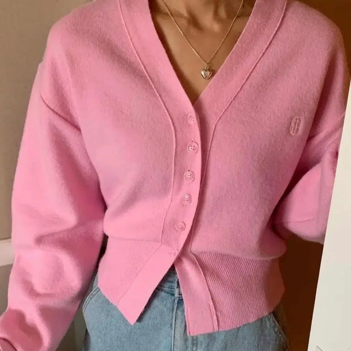 [BUNJANG] DAMI COMPANY Pink Soft V-Neck Cardigan / 다미컴퍼니 핑크 소프트 브이넥 가디건
