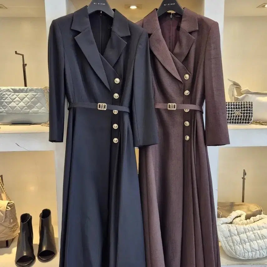 [BUNJANG] Misha Belted Long Dress Coat Black/Dark Brown / 미샤 벨티드 롱 원피스 코트형 블랙/다크브라운