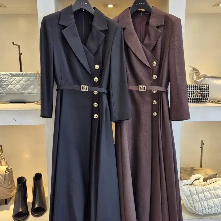 [BUNJANG] Misha Belted Long Dress Coat Black/Dark Brown / 미샤 벨티드 롱 원피스 코트형 블랙/다크브라운