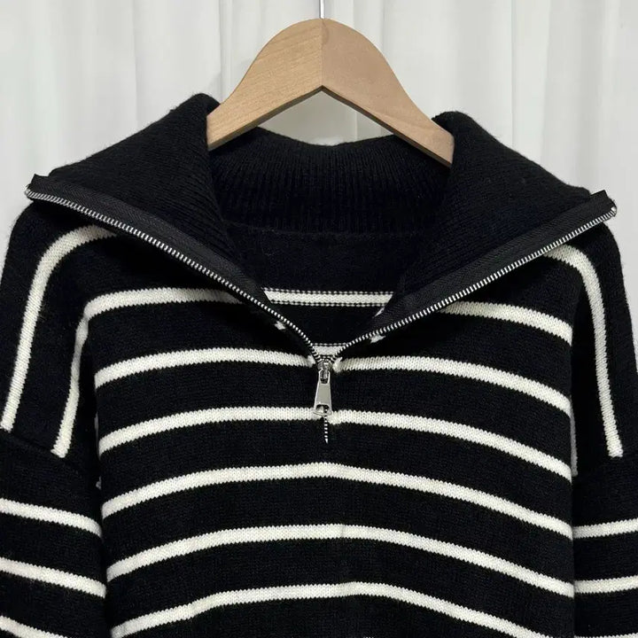 [BUNJANG] Striped Half-Zip High Neck Knit Sweater / [새상품] 스트라이프 반집업 하이넥 카라 니트