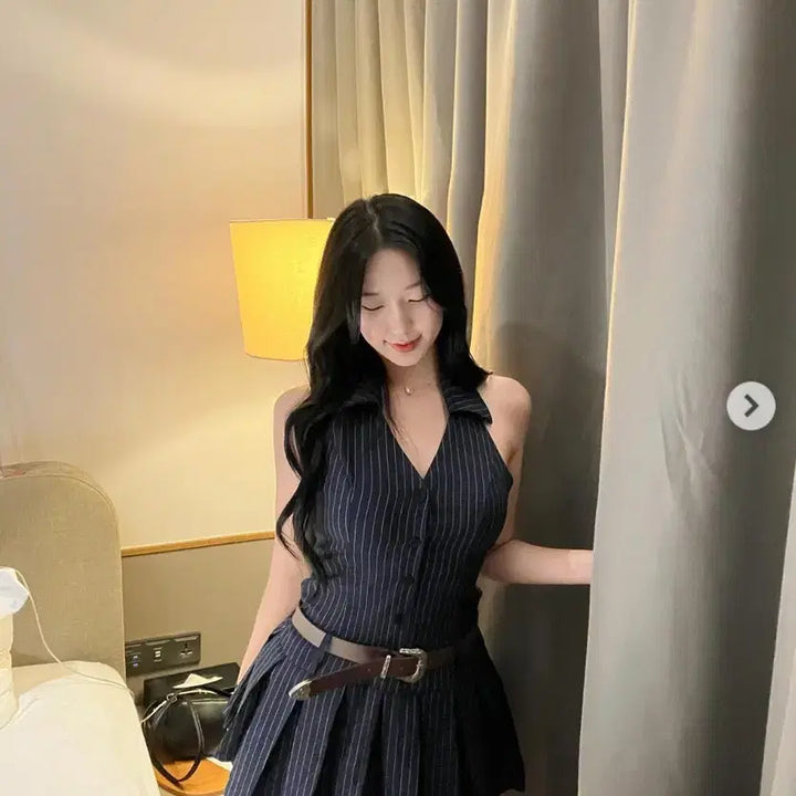 [BUNJANG] Cowboy Belt Striped Halter Mini Dress / 교신 벨트 카우보이 스트라이프 홀터 미니원피스