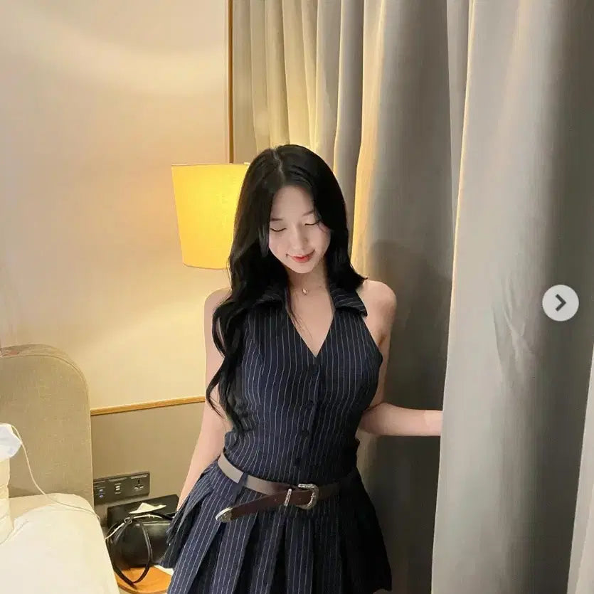 [BUNJANG] Cowboy Belt Striped Halter Mini Dress / 교신 벨트 카우보이 스트라이프 홀터 미니원피스