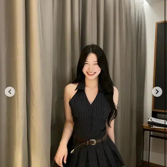 [BUNJANG] Cowboy Belt Striped Halter Mini Dress / 교신 벨트 카우보이 스트라이프 홀터 미니원피스