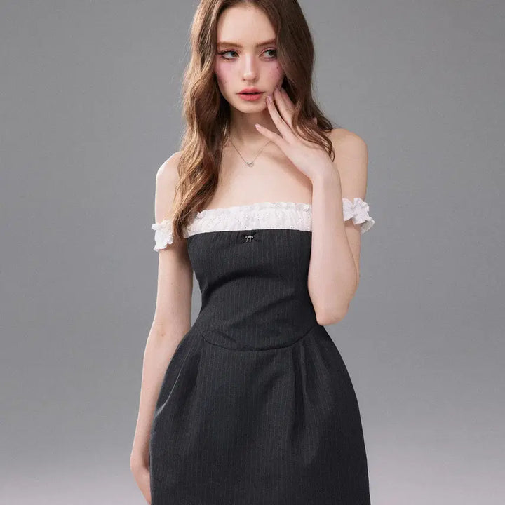 [BUNJANG] Mess Studio Striped Ruffle Off-Shoulder Puff Dress / Mess Studio 스트라이프 러플 오프숄더 퍼프 드레스