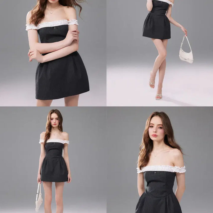 [BUNJANG] Mess Studio Striped Ruffle Off-Shoulder Puff Dress / Mess Studio 스트라이프 러플 오프숄더 퍼프 드레스