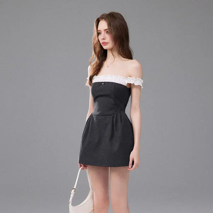 [BUNJANG] Mess Studio Striped Ruffle Off-Shoulder Puff Dress / Mess Studio 스트라이프 러플 오프숄더 퍼프 드레스