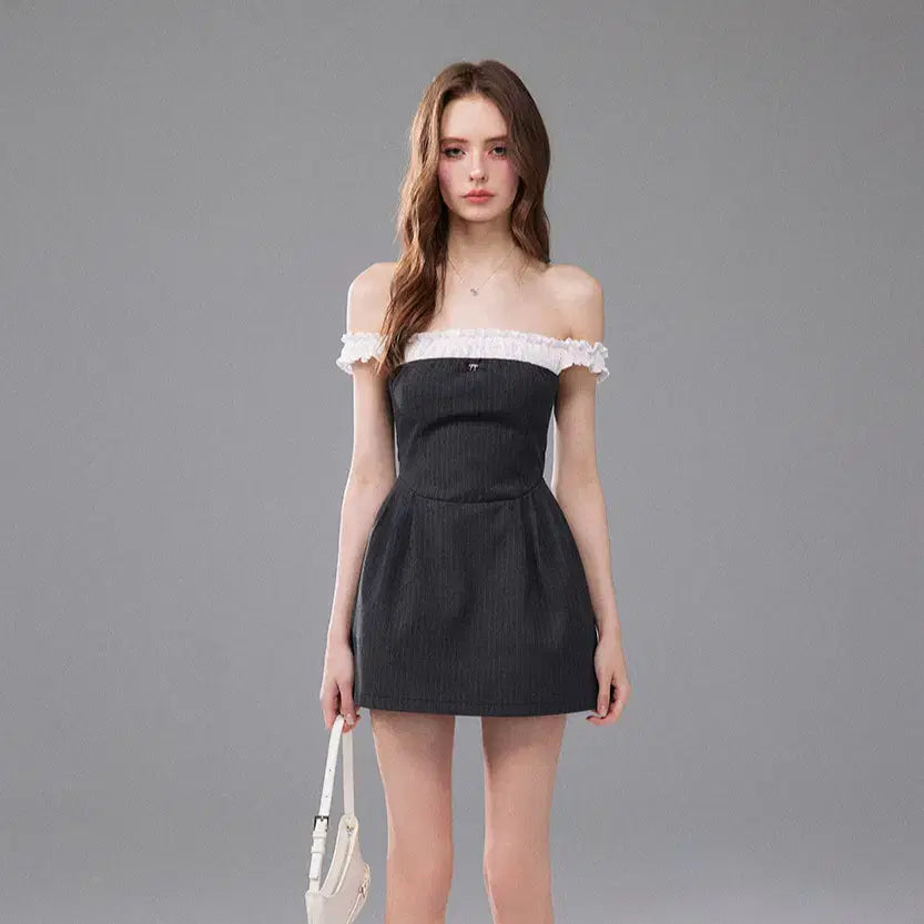 [BUNJANG] Mess Studio Striped Ruffle Off-Shoulder Puff Dress / Mess Studio 스트라이프 러플 오프숄더 퍼프 드레스