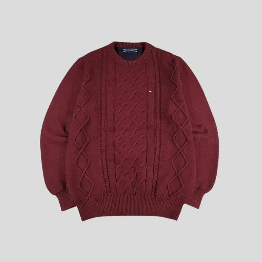 [BUNJANG] Tommy Hilfiger Cable Knit Sweater / 타미힐피거 버건디 케이블패턴 꽈배기패턴 라운드넥 울 코튼블렌드 니트 M