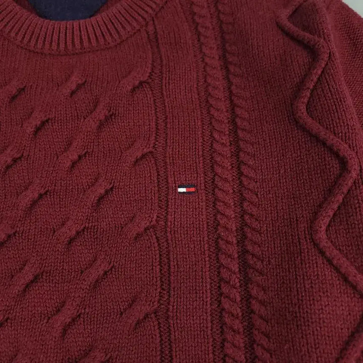 [BUNJANG] Tommy Hilfiger Cable Knit Sweater / 타미힐피거 버건디 케이블패턴 꽈배기패턴 라운드넥 울 코튼블렌드 니트 M