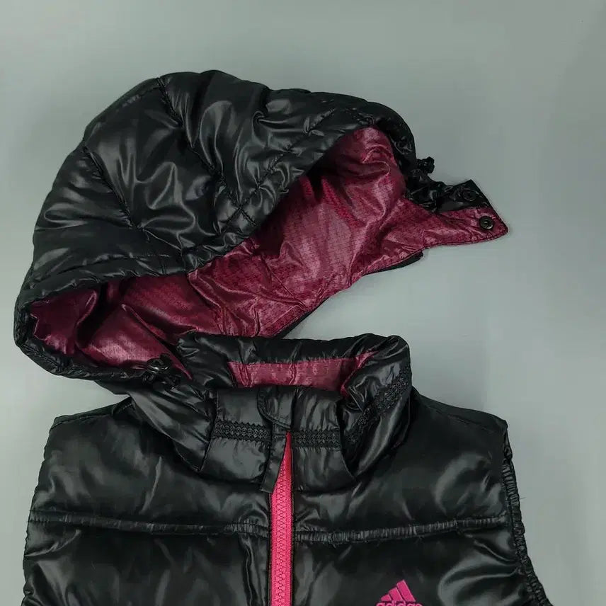[BUNJANG] Adidas Hooded Duck Down Vest / 아디다스 반광 블랙 퍼플 배색 로고 J 커플 덕다운 오리털 후드 패딩조끼