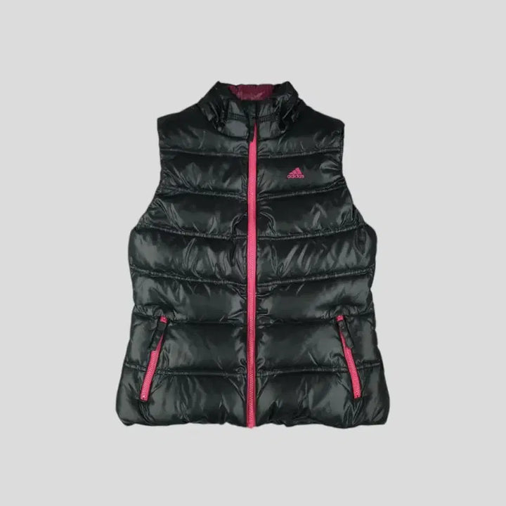[BUNJANG] Adidas Hooded Duck Down Vest / 아디다스 반광 블랙 퍼플 배색 로고 J 커플 덕다운 오리털 후드 패딩조끼