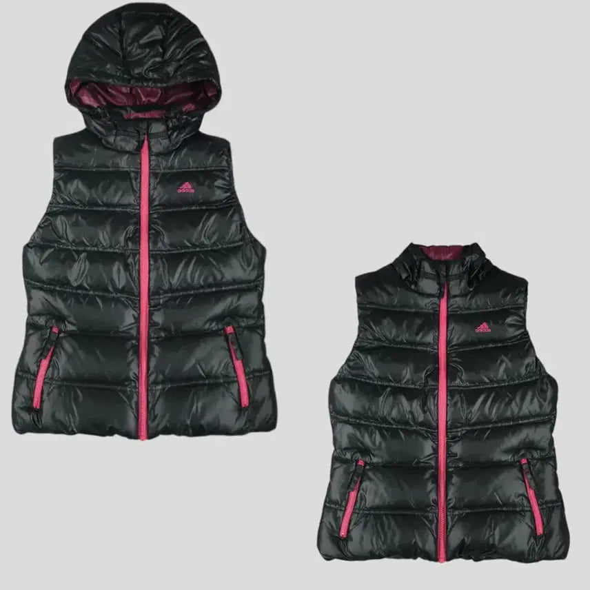 [BUNJANG] Adidas Hooded Duck Down Vest / 아디다스 반광 블랙 퍼플 배색 로고 J 커플 덕다운 오리털 후드 패딩조끼