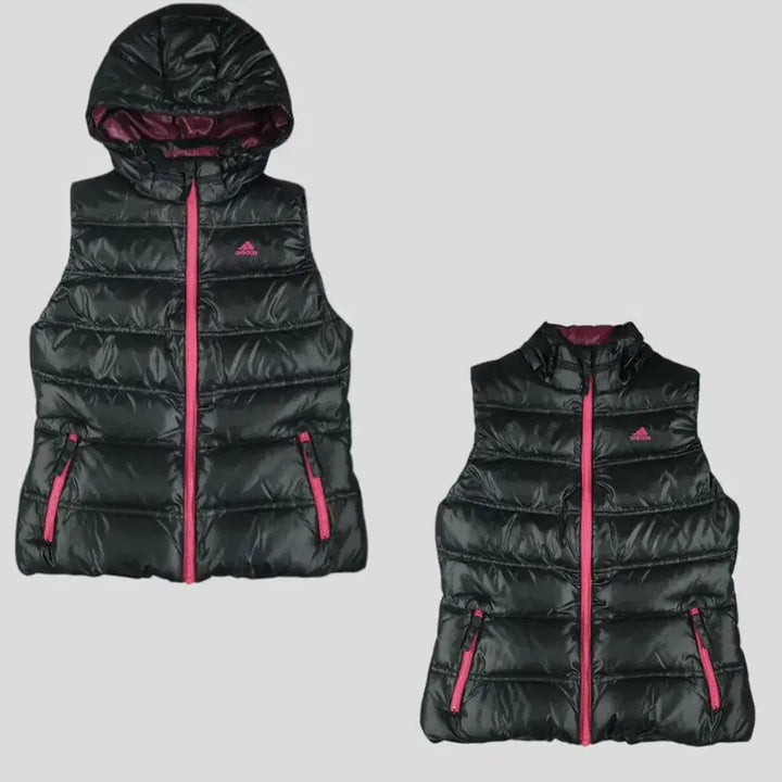 [BUNJANG] Adidas Hooded Duck Down Vest / 아디다스 반광 블랙 퍼플 배색 로고 J 커플 덕다운 오리털 후드 패딩조끼