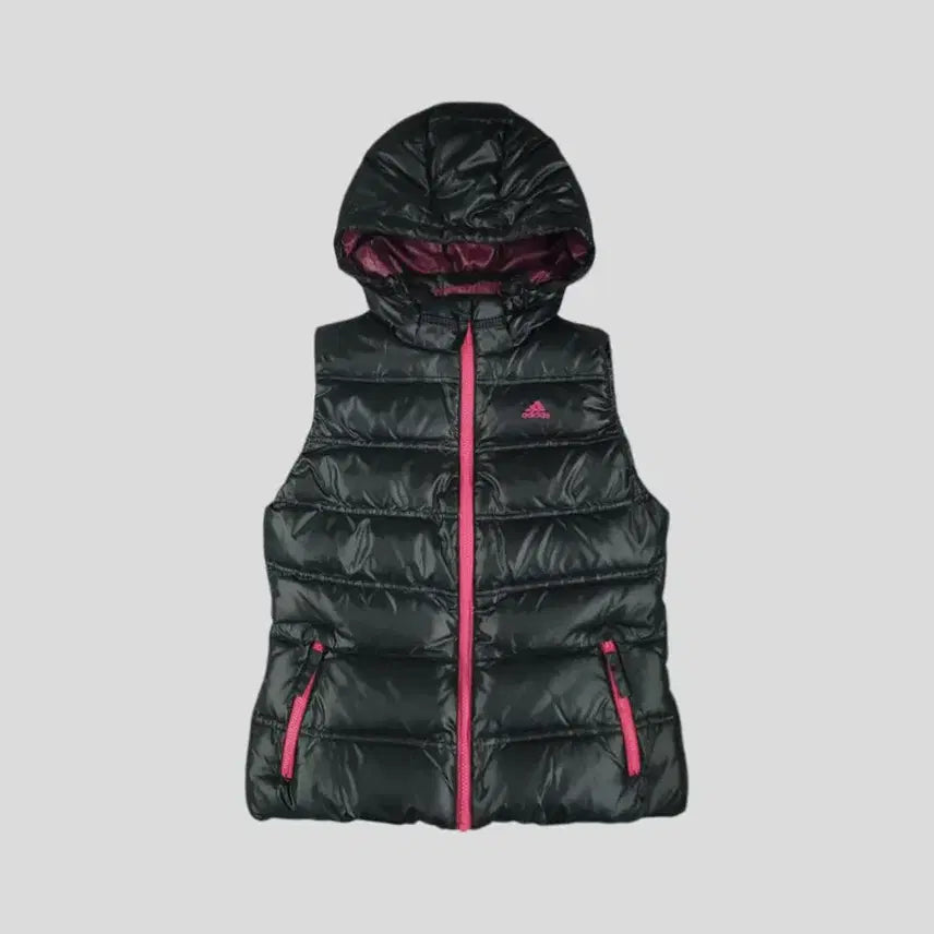 [BUNJANG] Adidas Hooded Duck Down Vest / 아디다스 반광 블랙 퍼플 배색 로고 J 커플 덕다운 오리털 후드 패딩조끼