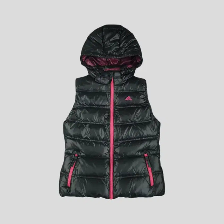 [BUNJANG] Adidas Hooded Duck Down Vest / 아디다스 반광 블랙 퍼플 배색 로고 J 커플 덕다운 오리털 후드 패딩조끼