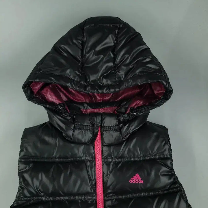 [BUNJANG] Adidas Hooded Duck Down Vest / 아디다스 반광 블랙 퍼플 배색 로고 J 커플 덕다운 오리털 후드 패딩조끼