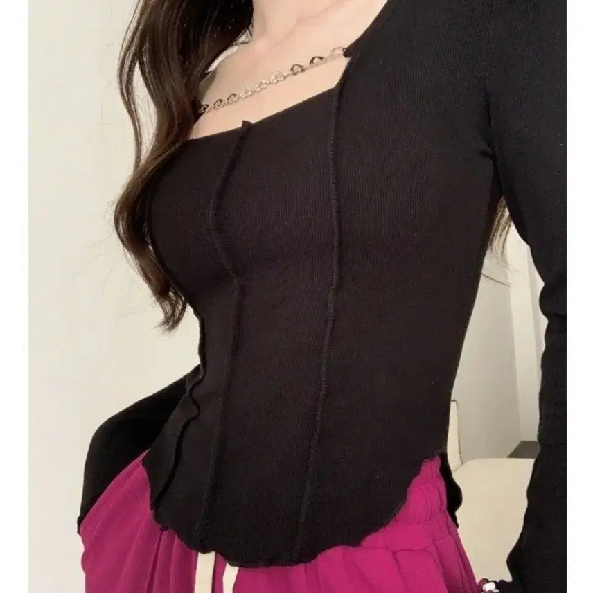 [BUNJANG] Square Neck Chain Detachable T-Shirt / 새옷)스퀘어넥 티셔츠 (체인탈착)