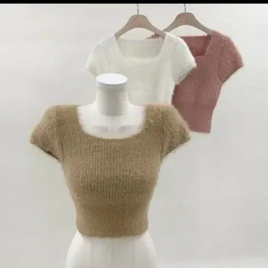 [BUNJANG] Angora Short Sleeve Knit Top / 슬림 스퀘어넥 소매캡 앙고라 반팔 니트 브라운