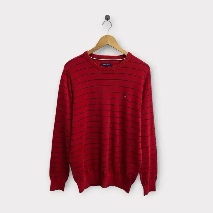 [BUNJANG] Tommy Hilfiger Striped Red Knit Sweater M / 타미힐피거 스트라이프 레드 니트 M