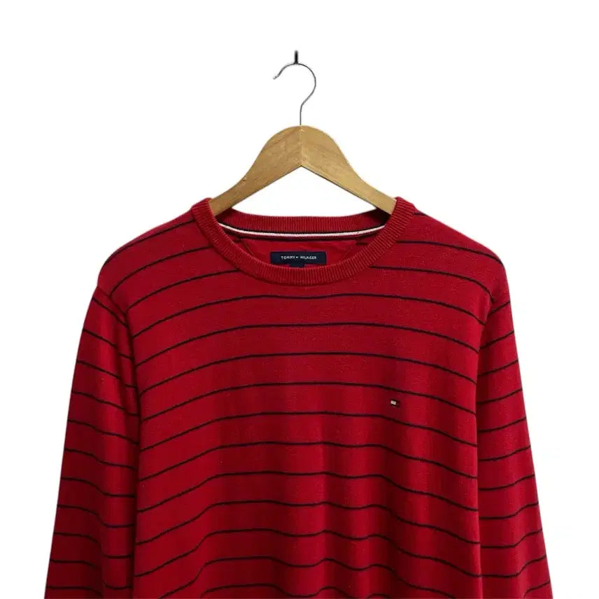 [BUNJANG] Tommy Hilfiger Striped Red Knit Sweater M / 타미힐피거 스트라이프 레드 니트 M