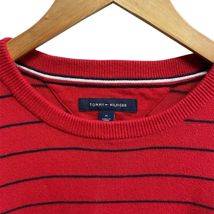 [BUNJANG] Tommy Hilfiger Striped Red Knit Sweater M / 타미힐피거 스트라이프 레드 니트 M