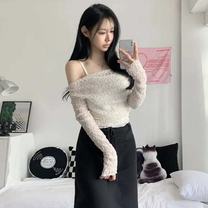 [BUNJANG] (세트) 오프숄더 여리핏 봄데이트 플라워 레이스 벚꽃 블라우스 나시 / (세트) 오프숄더 여리핏 봄데이트 플라워 레이스 벚꽃 블라우스 나시