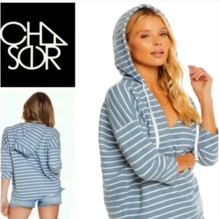 [BUNJANG] Chasor Stripe 7-Sleeve Hoodie Blue / Chasor 스트라이프 칠부 후디 블루