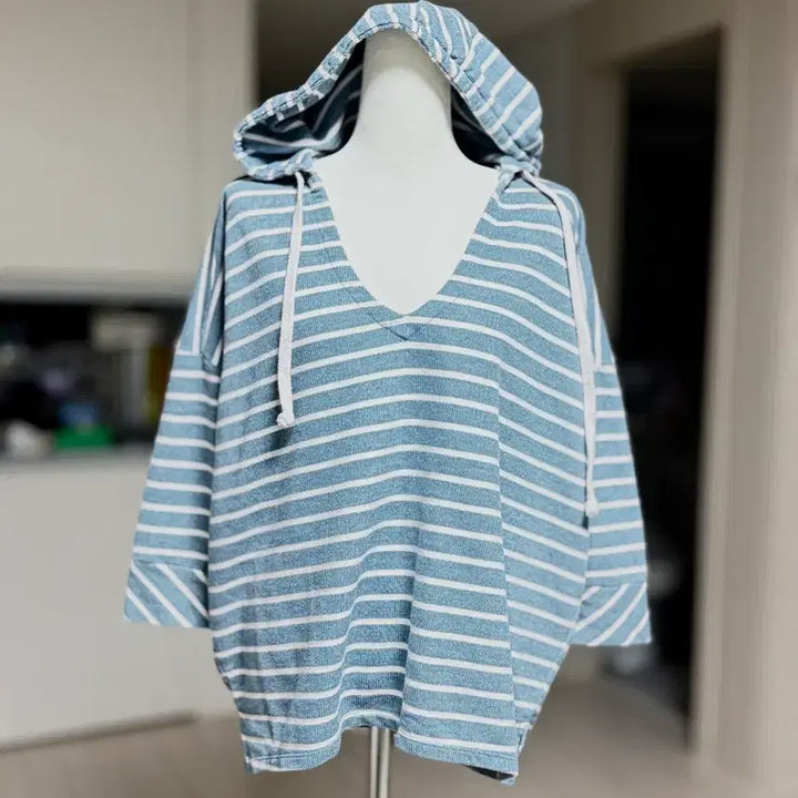 [BUNJANG] Chasor Stripe 7-Sleeve Hoodie Blue / Chasor 스트라이프 칠부 후디 블루
