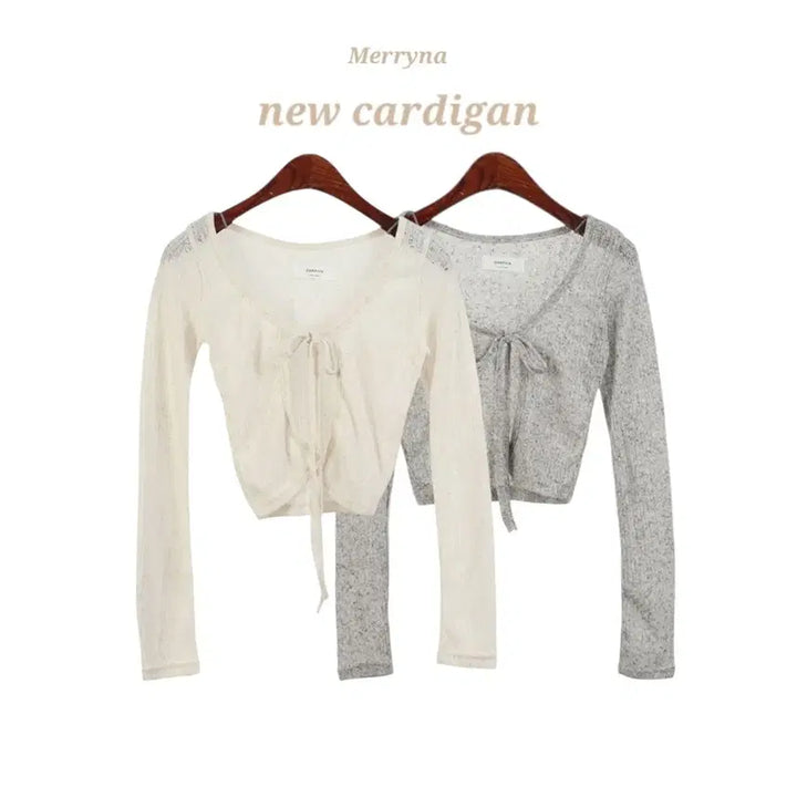 [BUNJANG] Merryna Ribbon See-through Knit Crop Cardigan / (빠른배송/국내제작) 리본 시스루 니트 크롭 가디건 2color