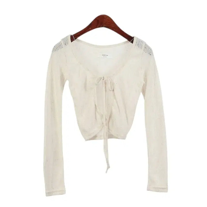[BUNJANG] Merryna Ribbon See-through Knit Crop Cardigan / (빠른배송/국내제작) 리본 시스루 니트 크롭 가디건 2color