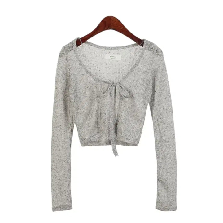 [BUNJANG] Merryna Ribbon See-through Knit Crop Cardigan / (빠른배송/국내제작) 리본 시스루 니트 크롭 가디건 2color