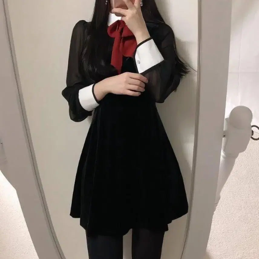 [BUNJANG] Black Velvet Ribbon Dress / [ 새상품 / 블랙 벨벳 리본 원피스 ]