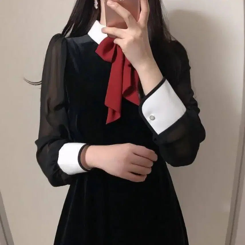 [BUNJANG] Black Velvet Ribbon Dress / [ 새상품 / 블랙 벨벳 리본 원피스 ]