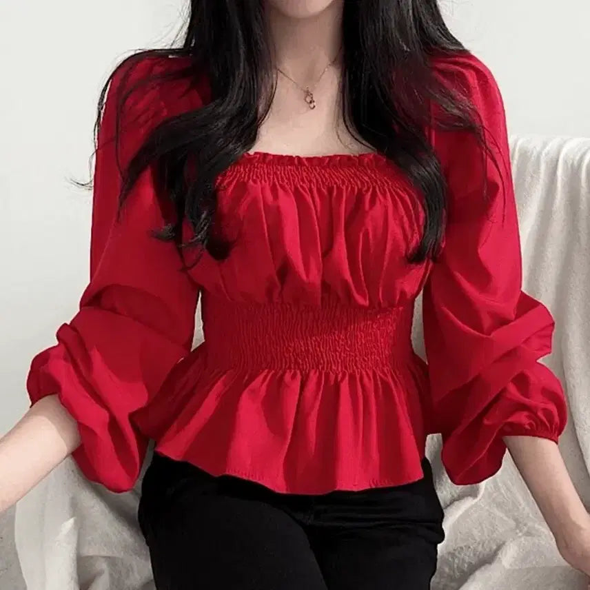 [BUNJANG] Red Smoke Shirring Blouse / 레드 스모크 셔링 블라우스 퍼프 긴팔