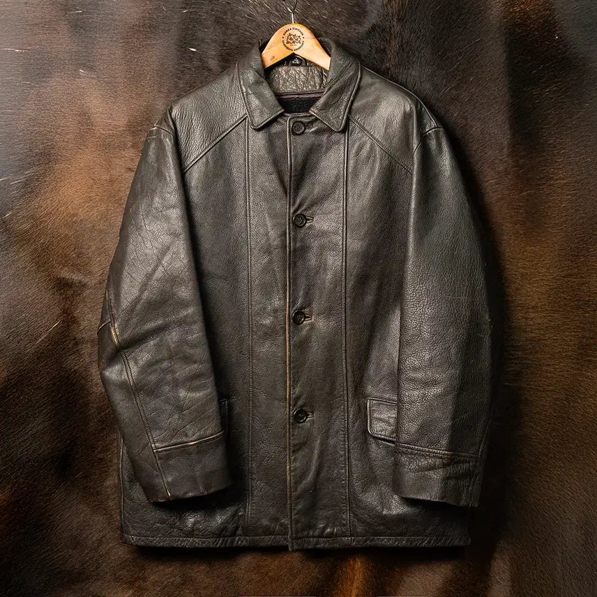 [BUNJANG] Kenneth Cole 90s Cowskin Leather Car Coat Dark Brown / [115] 90s 케네스 콜 카우스킨 레더 카코트 다크브라운