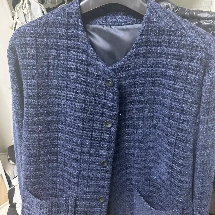 [BUNJANG] HONO Navy Tweed Collarless Cardigan / 호노 HONO Collarless Cardigan_Navy Tweed
