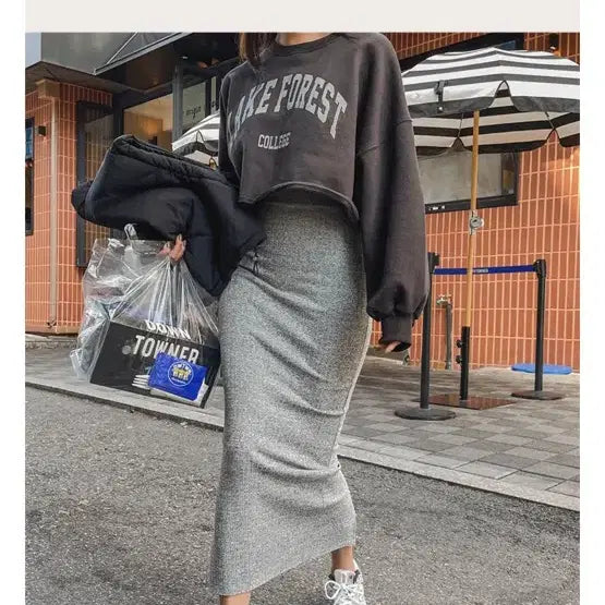[BUNJANG] Maybeans Banding Long Skirt &amp; Fleece Sweatshirt Bundle Set / 메이빈스 밴딩 롱 스커트+기모맨투맨 일괄판매
