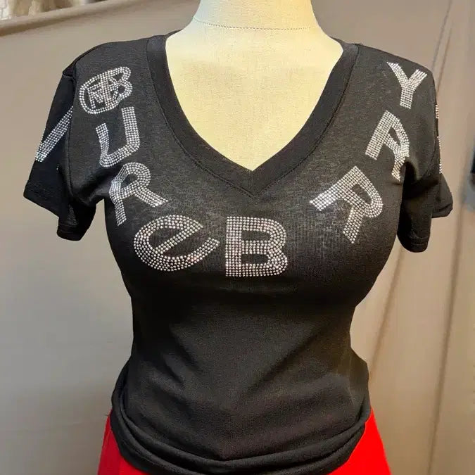 [BUNJANG] Black Rhinestone Embellished V-Neck T-Shirt / 블랙 라인스톤 시스루 브이넥 티셔츠
