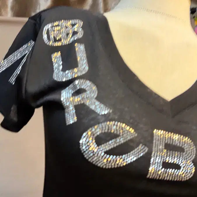 [BUNJANG] Black Rhinestone Embellished V-Neck T-Shirt / 블랙 라인스톤 시스루 브이넥 티셔츠