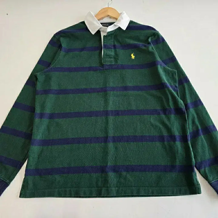 [BUNJANG] Polo Ralph Lauren Striped Rugby Collar Shirt / 폴로 랄프로렌 스트라이프 코튼 럭비 카라 셔츠 그린/네이비