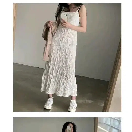 [BUNJANG] Victory Pleated Dress / 빅토리 나시 주름 원피스 (화이트/블랙)